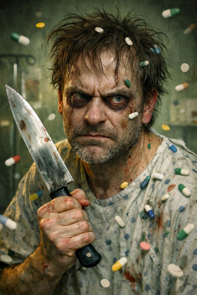 אדם כועס מחזיק סכין בהשפעת כדורים